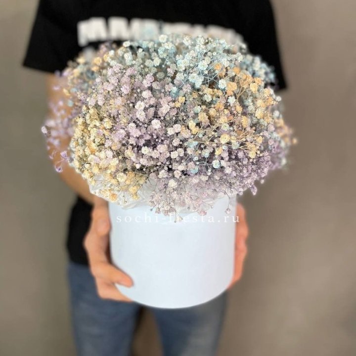 9 Радужных гипсофил в шляпной коробке в Балаково